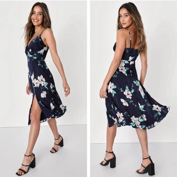 Lulus All About Love Navy Blue Floral Print Midi Dress Party Cocktail - XS - Picture 3 of 10
